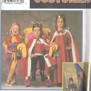 May include: Simplicity Costumes sewing pattern number 9236 for children's costumes. The pattern includes four costumes: a king, a queen, a jester, and a knight. The pattern is for sizes A, S, M, and L. The pattern is by Andrea Schewe.