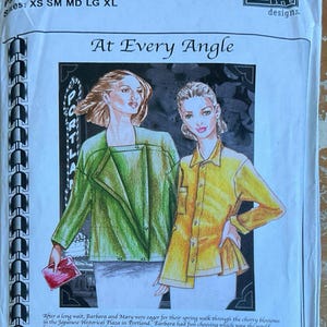 May include: A sewing pattern package with the text "At Every Angle" and "Cutting designs." The package features illustrations of two women wearing jackets. The pattern sizes are XS, SM, MD, LG, and XL.