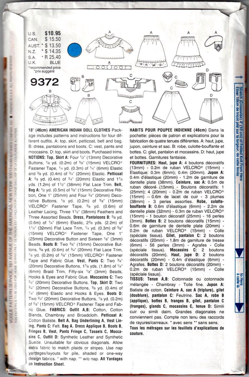 Vogue 9372 1990s Linda Carr American Indian 18 Inch Doll Clothes Pattern 4 Outfits Sewing Pattern UNCUT