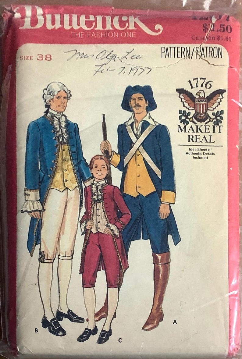 Butterick 4207 Mens 1776 Costume Pattern Bicentennial Coat Waistcoat ...