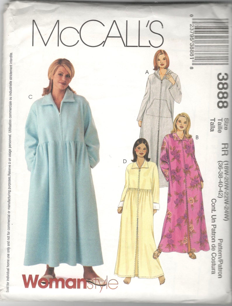 McCalls 3888 Womens Zip Front Robe Pattern Hood Option Sewing Etsy