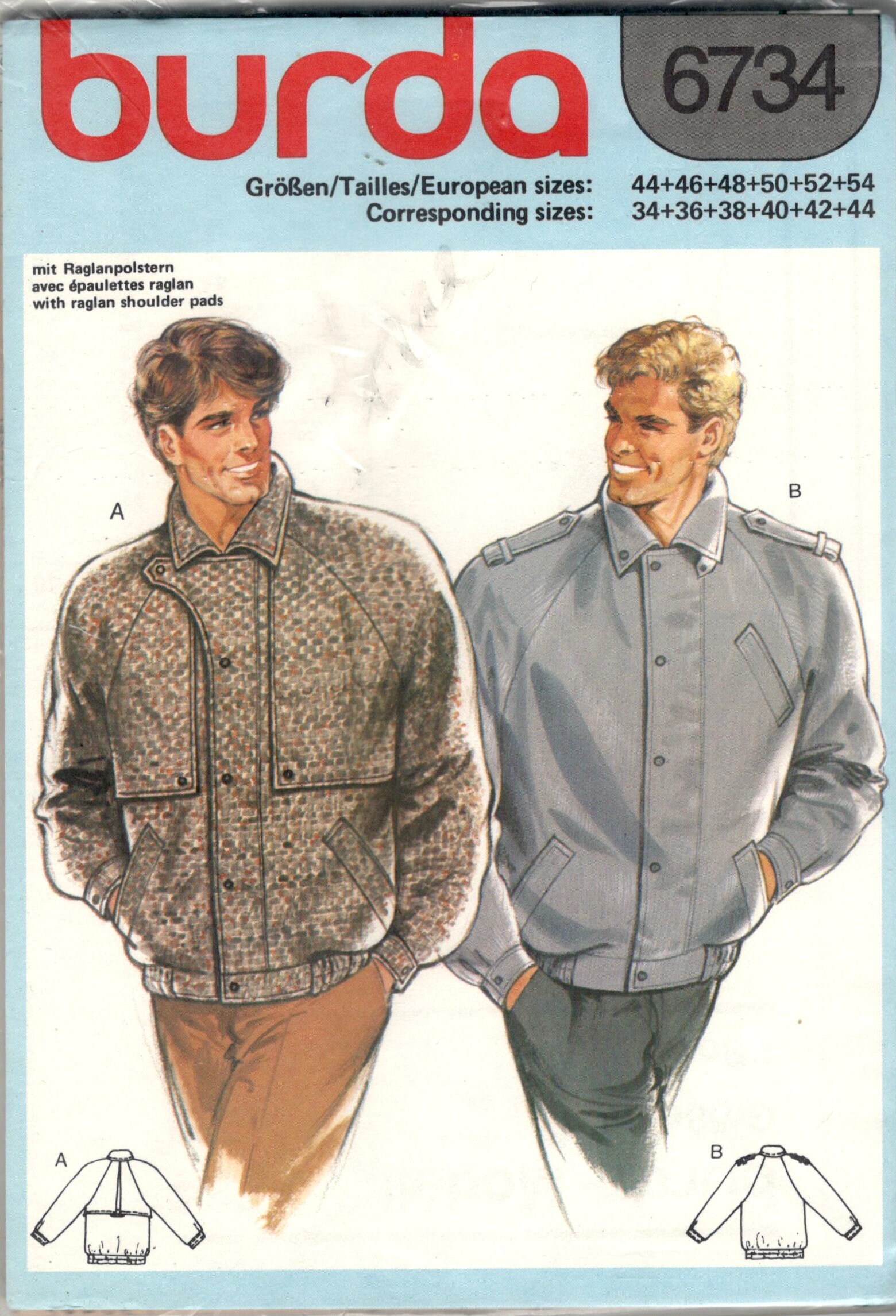 Burda 6734 1980s Mens Zip Front Bomber Jacket Pattern Snap