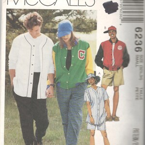 McCalls 6236 Misses Mens Loose Fit Bomber Jacket Shirt Pants Shorts Hat Pattern Unisex Vintage Sewing Size XS Bust Chest 30 31 Or SM UNCUT
