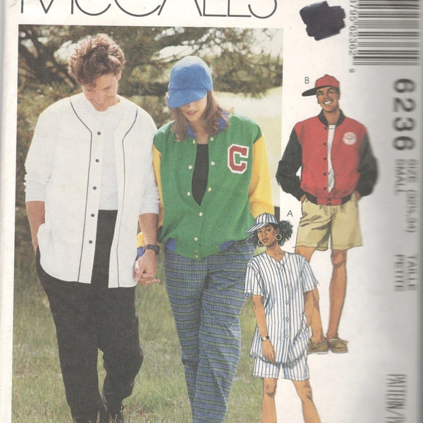 McCalls 6236 Misses Mens Loose Fit Bomber Jacket Shirt Pants Shorts Hat Pattern Unisex Vintage Sewing Size XS Bust Chest 30 31, Md, SM or LG