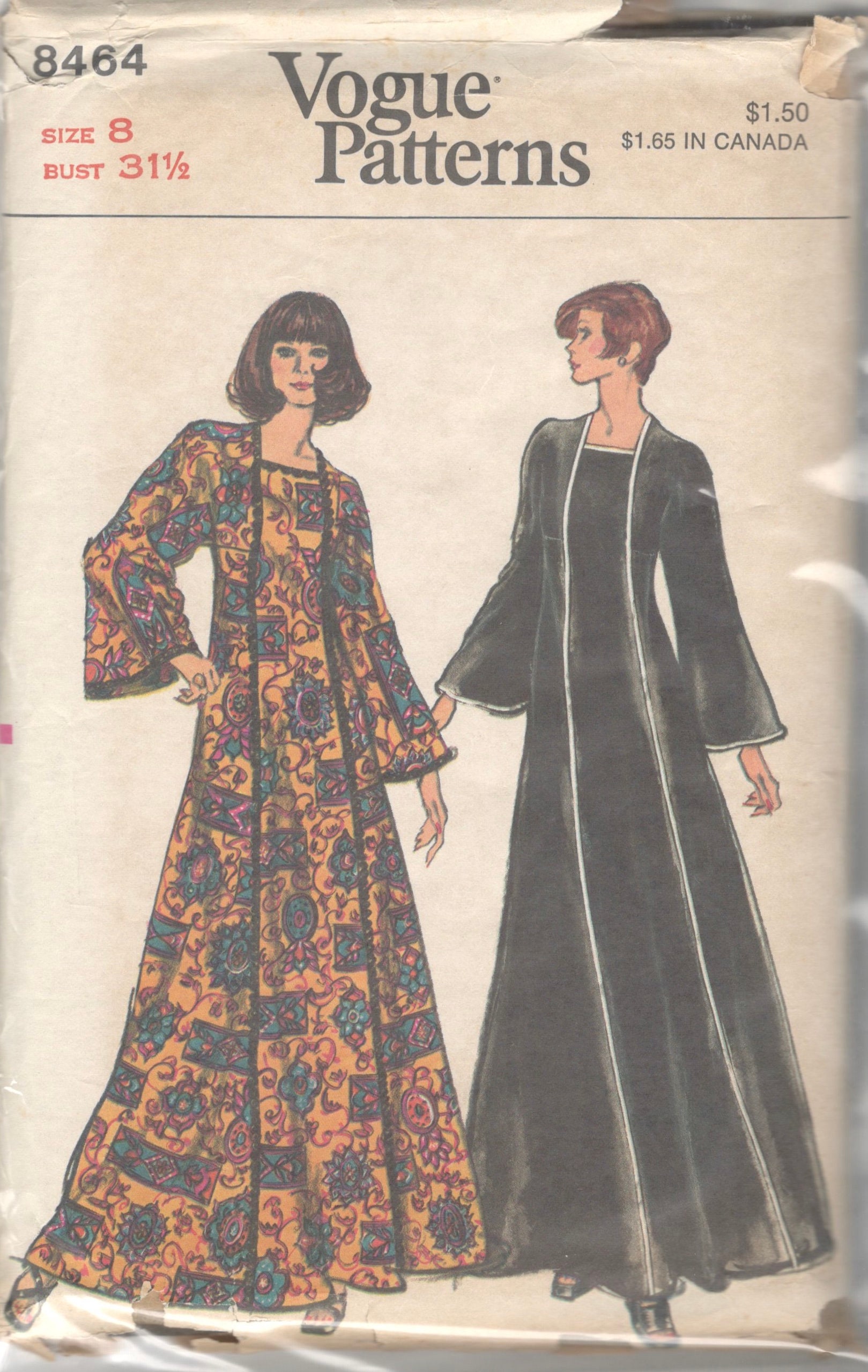 1970s Vogue 8464 Misses Caftan Bell Sleeve Lounge Dress | Etsy