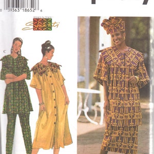 Può includere: Modello di cucito Simplicity numero 7052 per un abito e pantaloni. Il modello include tre stili diversi: un abito lungo giallo con colletto, un abito corto con colletto e una gonna abbinata, e un abito lungo con colletto e pantaloni. Il modello è stato progettato da Shanti.