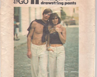 Mens Drawstring Pants Pattern Easy Sew & Go Butterick 4344 Adult Teen Vintage 1970s Sewing Pattern Size Medium Or Small