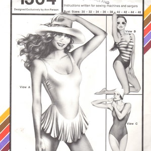 May include: A sewing pattern for a skirted and yoked maillot swimsuit. The pattern is number 1364 and is designed by Ann Person. The pattern includes three different views: a skirted maillot, a striped maillot, and a solid maillot. The pattern is for bust sizes 30 to 46 inches.