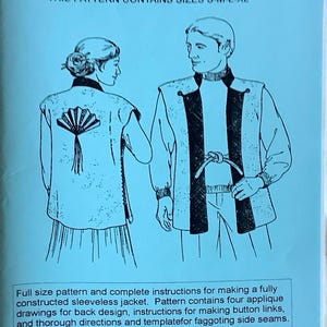 May include: A sewing pattern for a sleeveless jacket called a Jinbaori. The pattern includes instructions for making button links and faggoting side seams. The pattern is for sizes S-M-L-XL. ©1993 Eastwind Art (Rev. 1999) Printed in U.S.A.
