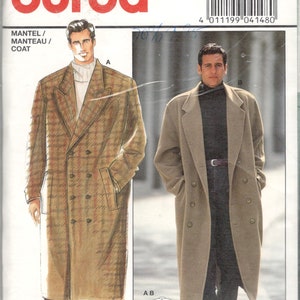 May include: A Burda pattern envelope featuring illustrations of two long coats. One coat is a double-breasted plaid design, and the other is a solid tan color. The envelope includes the text "MANTEL / MANTEAU / COAT".