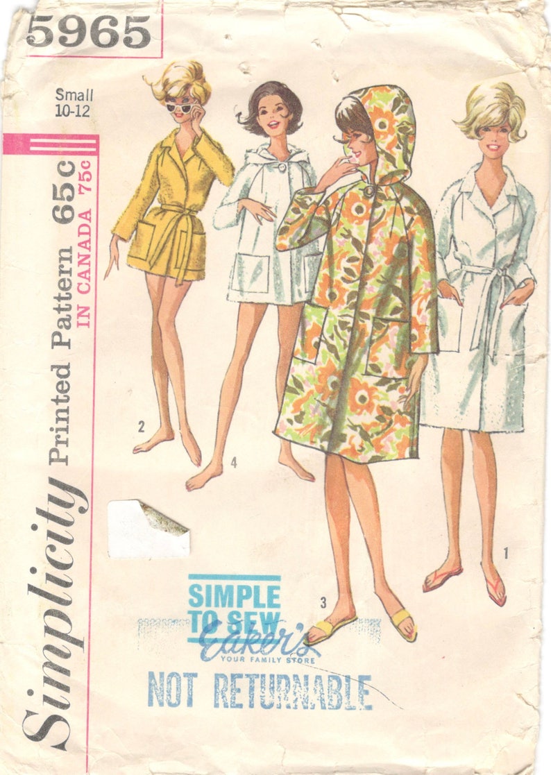 1960s Simplicity 5965 Misses Beach Robe Pattern 2 Lengths Raglan Sleeves Simple Women Vintage Sewing Pattern Size Small Bust 31 32 image 1