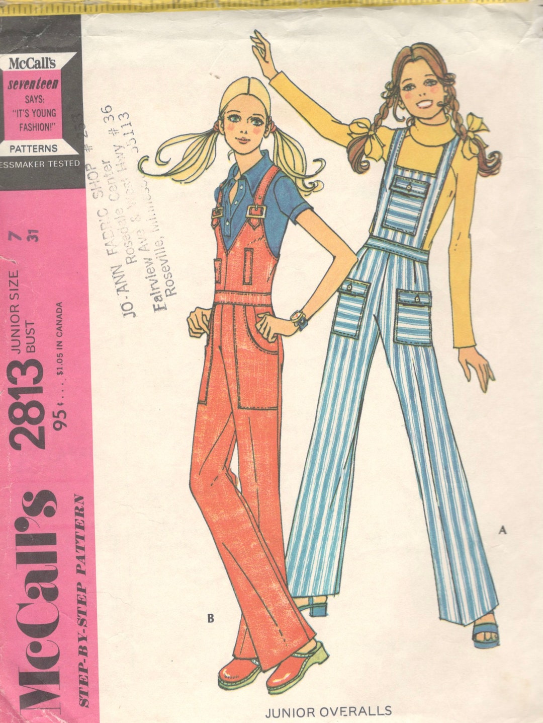 Mccalls 2813 1970s Junior Bib Overall Pattern V or Square Neck Womens ...