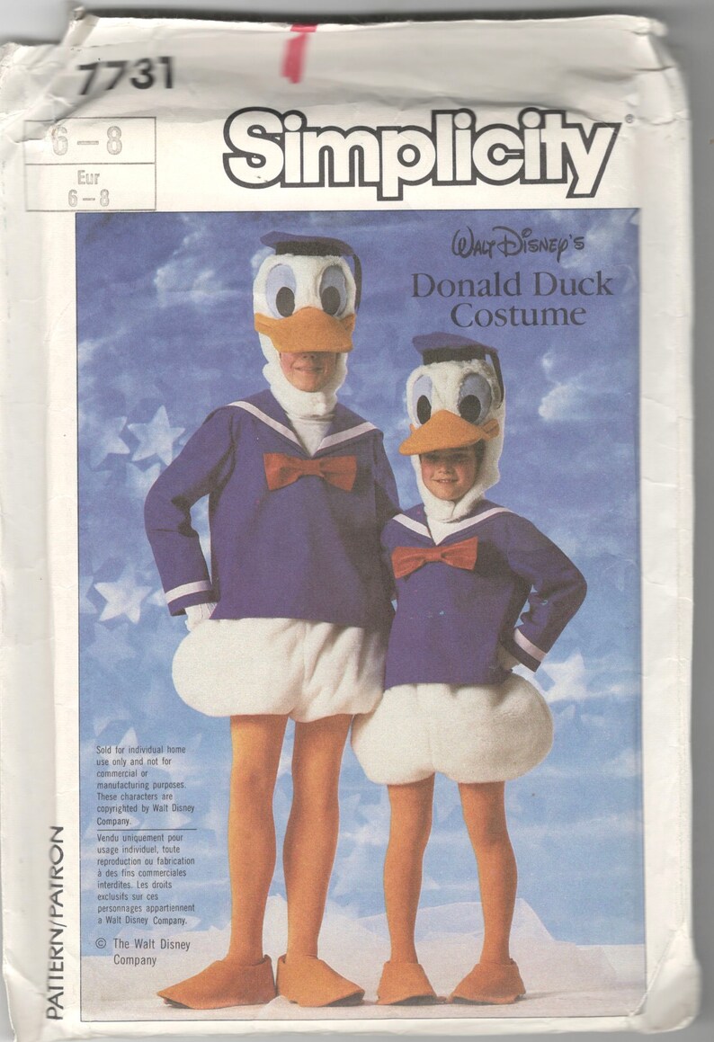 Simplicity 7731 1980s Childs DONALD DUCK Costume Pattern Boys Girls Vintage Sewing Pattern Size 10 12 image 3