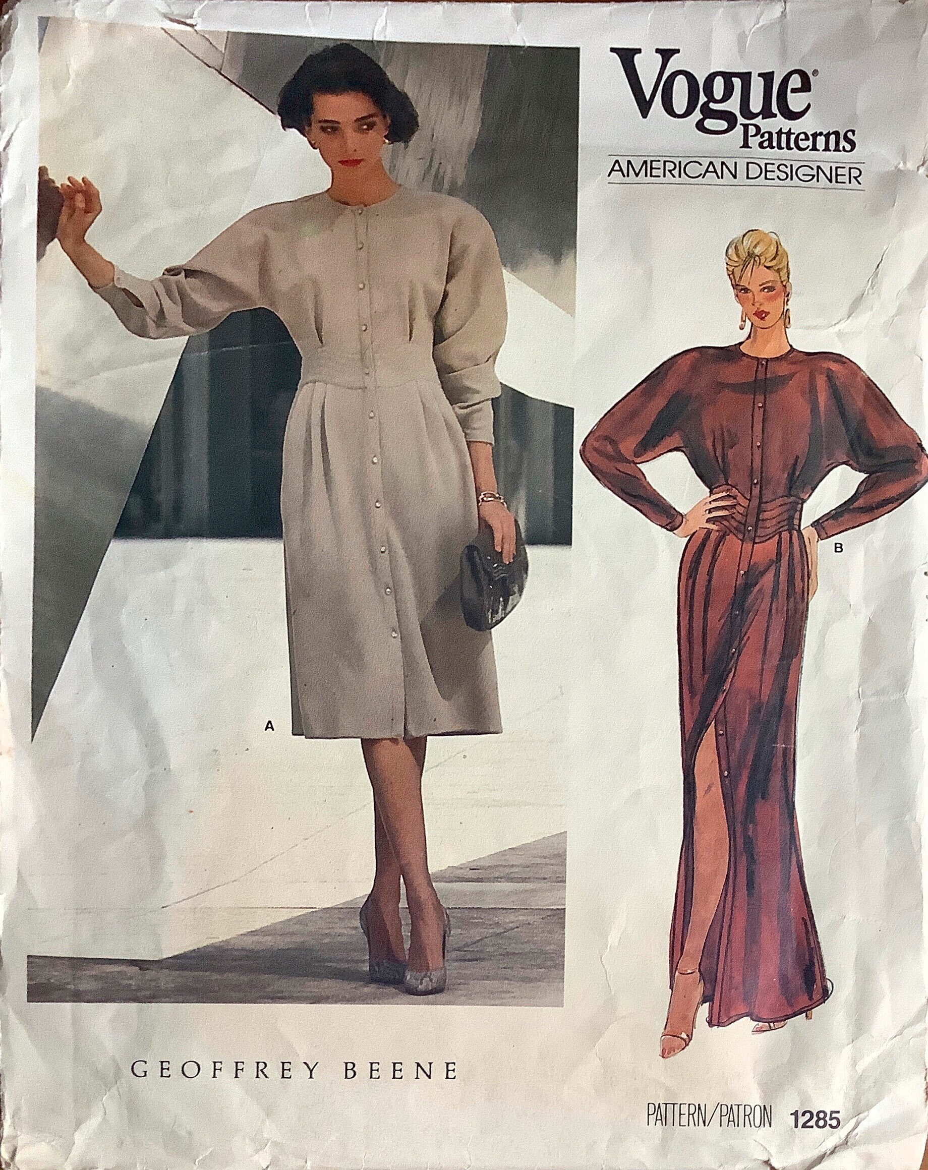 Vogue 1285 1980s Misses Long Dolman Sleeve Dress Pattern Shaped Midriff Geoffrey Beene Womens Vintage Sewing Pattern Size 10  Bust 32