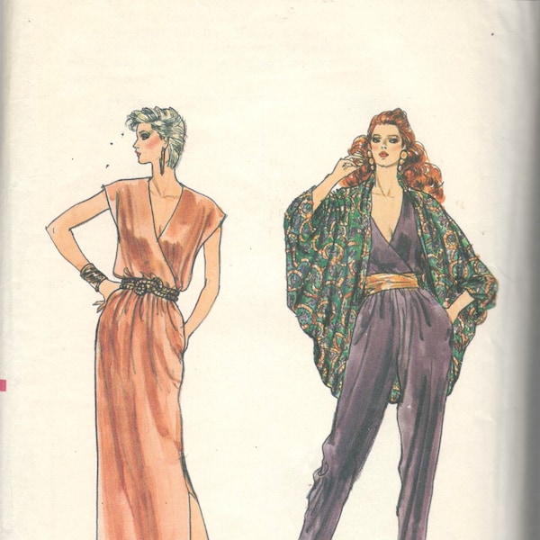 Vogue 8458 1970s Jumpsuit Dress and Cocoon Jacket Pattern Deep V Neck Womens Vintage  Sewing Pattern UNCUT Size 8 Bust 31  NO ENVELOPE