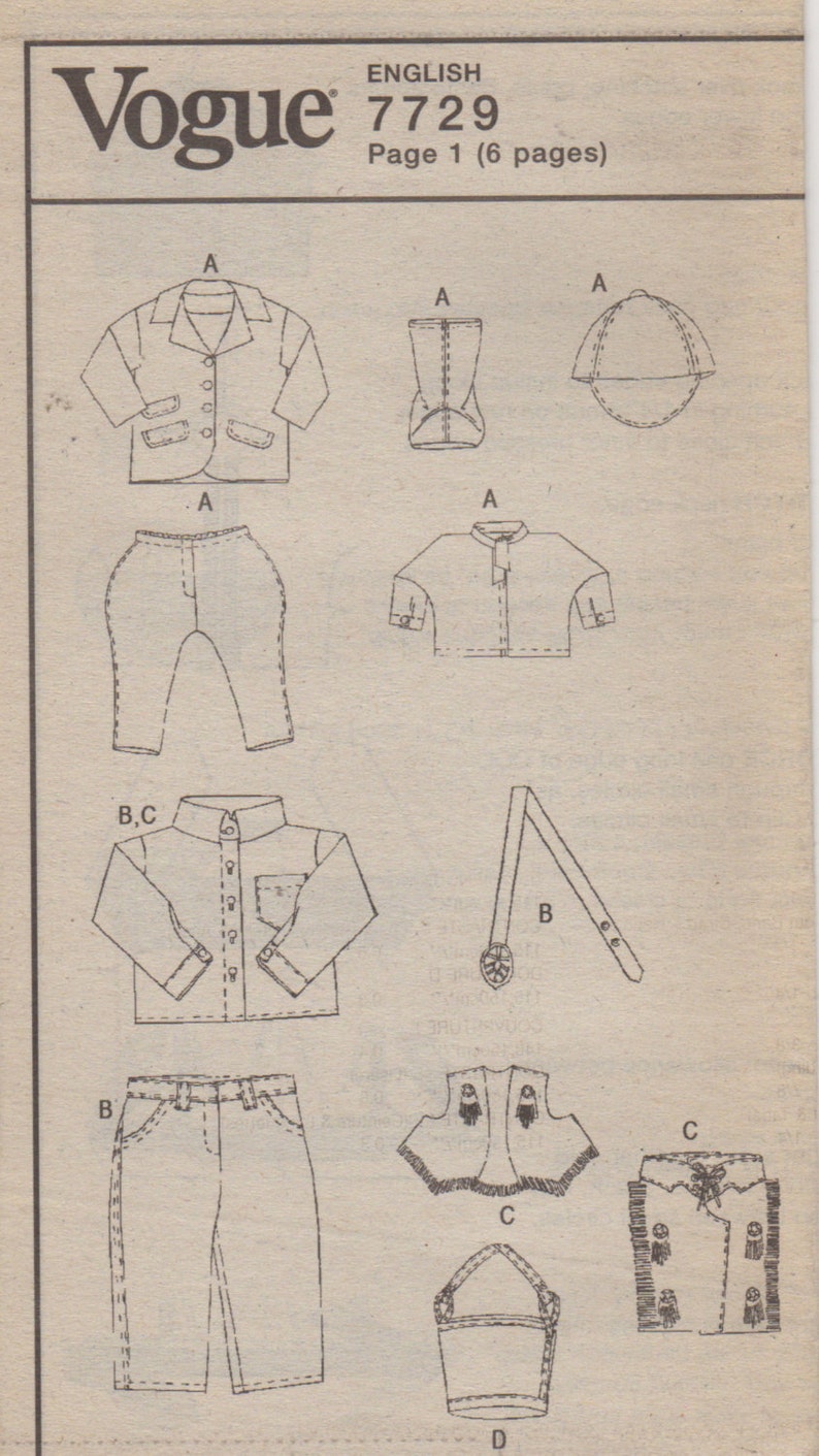 Vogue 7729 18 Inch Western Wear Doll Clothes Pattern Linda Carr Designer Equestrian Sewing Pattern