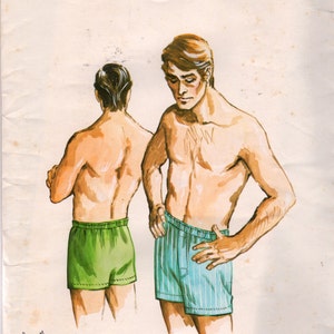 May include: A sewing pattern for boxer shorts, pattern number 332. The pattern is for waist sizes 26, 28, 30, and 32 inches. The pattern is from Kwik-Sew.