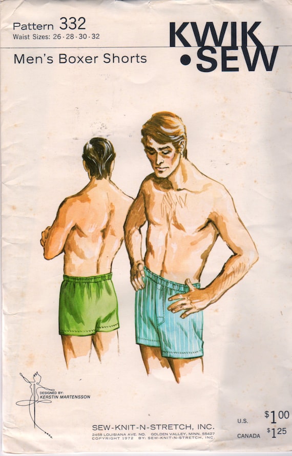Kwik Sew 332 1970s Mens Boxer Shorts Pattern Adult Teen Vintage Sewing  Pattern Uncut Waist 26 28 30 32