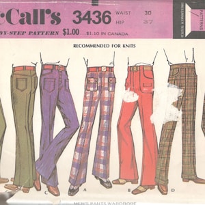 McCalls 3436 Pants Pattern Classic Cut Mens Jeans Straight Leg Flared Leg Adult Vintage Sewing Pattern Waist 30 Hip 37 Uncut