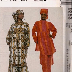 McCalls 9253 mist Afrocentric jumpsuit tuniek rok Headwrap Hat patroon BAYYINAH Womens naaien patroon maat Sm of M. De grote heeft geen hoed