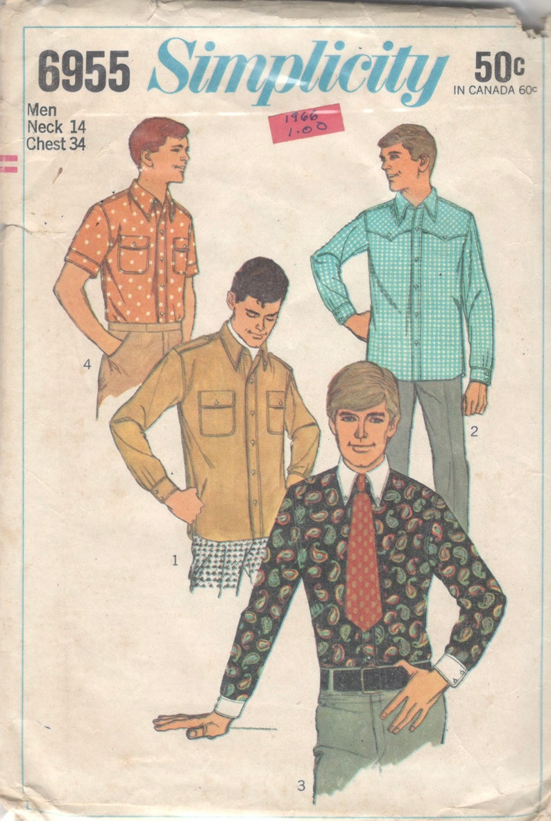 Simplicity 6955 1960s Mens Mod Button Front Shirt Pattern Adult Vintage Sewing Pattern Chest 34 image 4