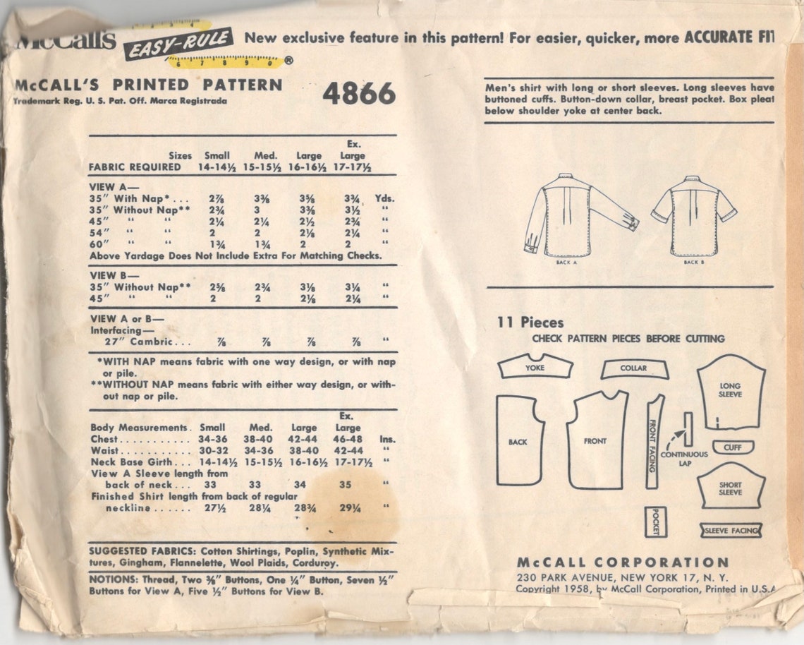 Mccalls 4866 1950s Mens Shirt Pattern Adult Vintage Sewing Pattern Size ...