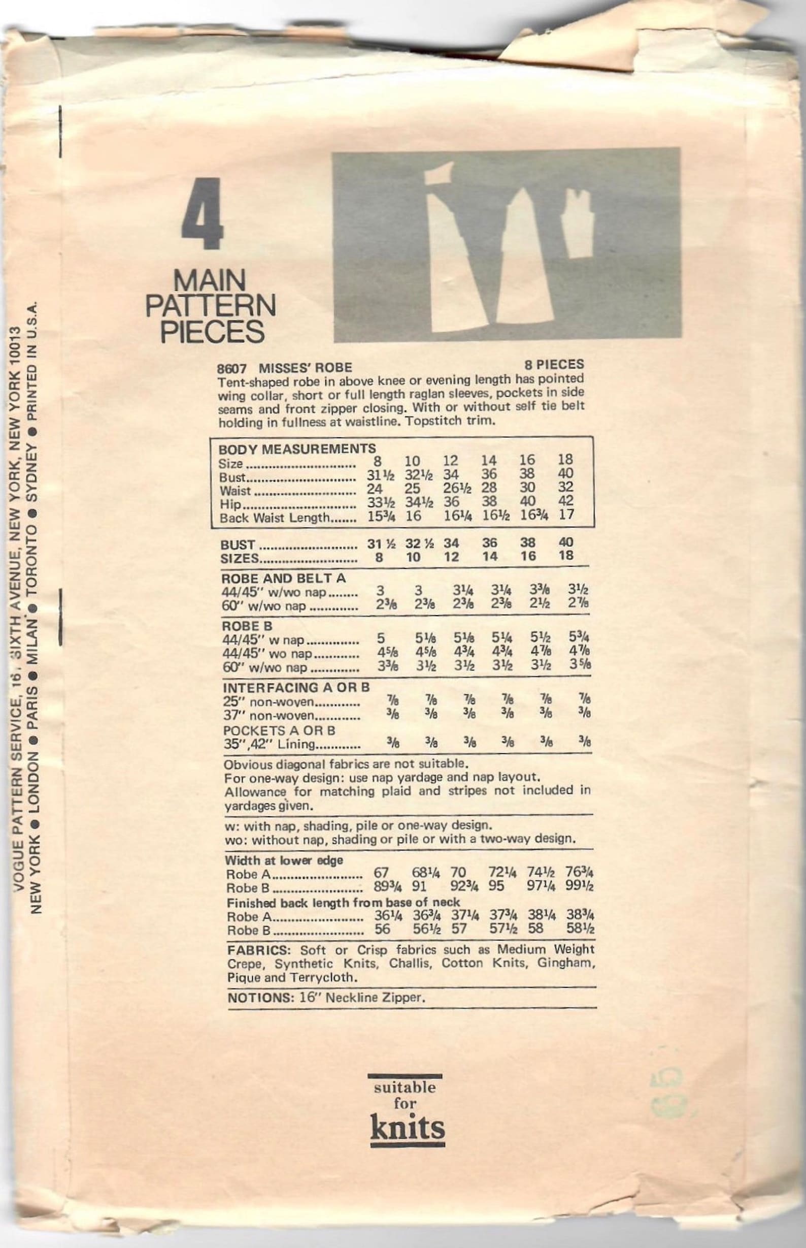 Front Zip Robe Sewing Pattern 1970s Vogue 8607 Misses Very Easy Front Zip Robe Pattern 2 Lengths Tent ...