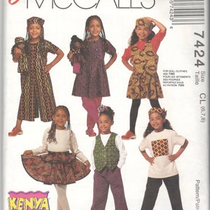 McCalls 7424 Girls Afrocentric Jumpsuit Vest T Shirt Skirt Pants Kofi Hat Pattern Kenya Vintage Sewing Pattern Size 4-5-6 or 6-7-8 image 3