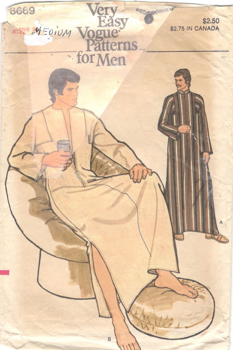 May include: A vintage sewing pattern for a long robe with a zipper closure. The pattern is for men and is called "Very Easy Vogue Patterns for Men". The pattern is from the 1970s and is in good condition.