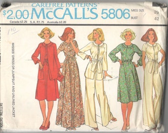 1970s McCalls 5806 Misses Pullover Dress Jumpsuit and Jacket Pattern Womens Vintage Sewing Pattern Size 12 Bust 34