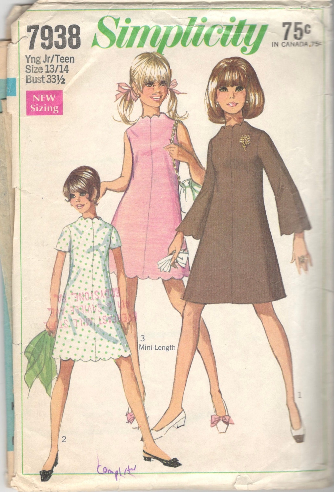 Simplicity 7938 1960s Junior Mod Mini Dress Pattern