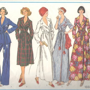 May include: A sewing pattern for four different robe styles. The pattern includes a blue robe with a sash, a plaid robe, a white robe, and a striped robe. The pattern is from Vogue's Basic Design and is number 1333.