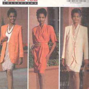 May include: A sewing pattern for a blazer and dress. The pattern is from the Butterick Essence Collection and is for sizes 12-14-16. The pattern shows a woman wearing a peach blazer and a peach dress.
