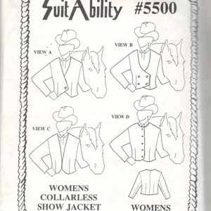May include: A black and white line drawing of a pattern for a collarless show jacket. The pattern includes four different views of the jacket. The text "Suit Ability #5500" is at the top of the image. The text "Womens Collarless Show Jacket Pattern" is at the bottom of the image. The text "Womens Sizes 6-24" is also at the bottom of the image.