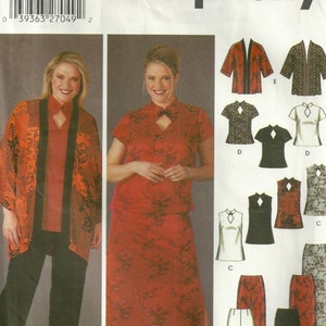 May include: A sewing pattern for a women's top and skirt. The pattern includes a red top with a keyhole neckline, a red skirt with a floral print, and a black jacket. The pattern is for sizes GG, 26W-32W, EUR 52-58, FR 54-60. The pattern number is 5360.