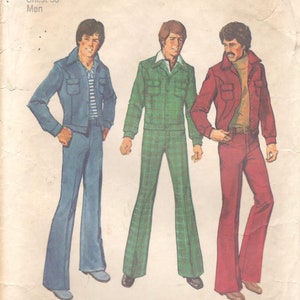 May include: Vintage Simplicity sewing pattern featuring three men's outfits: a denim jacket and pants, a green plaid suit, and a red jacket and pants. The pattern is for a size 38 chest. The text "Simplicity" is at the top.