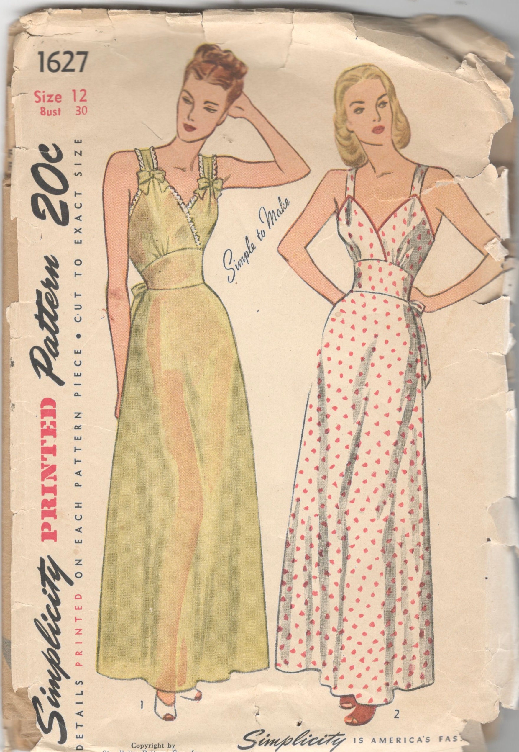 Simplicity 1627 1940s Nightgown Negligee Pattern Inset Shoulder