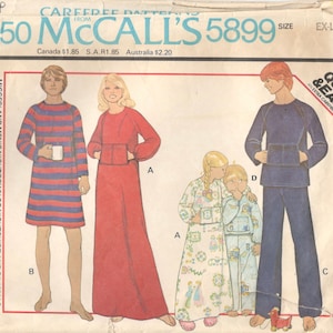 McCalls 5899 1970s Mens Misses Nightshirt Nightgown and Pajamas Pattern Easy Unisex Womens Teen Vintage Sewing Size XL Bust Chest 44 46