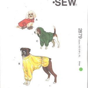 May include: Sewing pattern for three dog coats. The pattern is called Kwik Sew and the pattern number is 2879. The pattern includes sizes XS-S-M-L-XL. The first coat is red and is for a small dog. The second coat is green and is for a medium-sized dog. The third coat is yellow and is for a large dog.