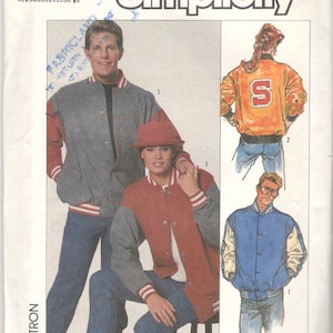 May include: A Simplicity sewing pattern for a varsity jacket. The pattern includes three different styles of jackets, one with a red and grey colour scheme, one with a blue and white colour scheme, and one with a yellow and orange colour scheme. The pattern is labelled "Easy to Sew" and "Facile a Coudre".