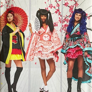 May include: Simplicity sewing pattern featuring three Japanese-inspired costume designs. The costumes include a black and yellow kimono with a red parasol, a pink floral kimono with a fan, and a floral kimono with blue hair.