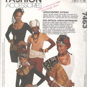 May include: McCall's Fashion Accessories pattern 7463 for Afrocentric Extras. Includes instructions for a hat, shawl, or hip belt fitting hips 35.5 to 46 inches, plus a crown hat, collar, and belt fitting 24 to 37 inches. Features illustrations.