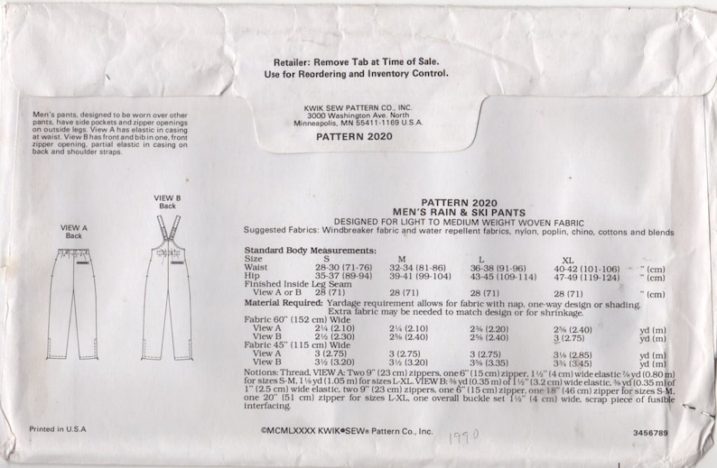 Kwik Sew 2020 Mens Rain and Ski Pants Pattern Size S XL Waist 28 42 Adult Vintage Sewing Pattern UNCUT image 2