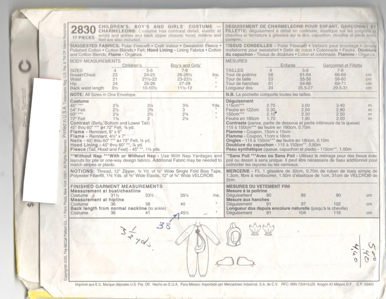 McCalls 2830 P202 Childs POKEMON Costume Pattern CHARMELEON Boys Girls Sewing Pattern Size 4 5-6 Breast Chest 23-28 Or 4 5-6 7-8