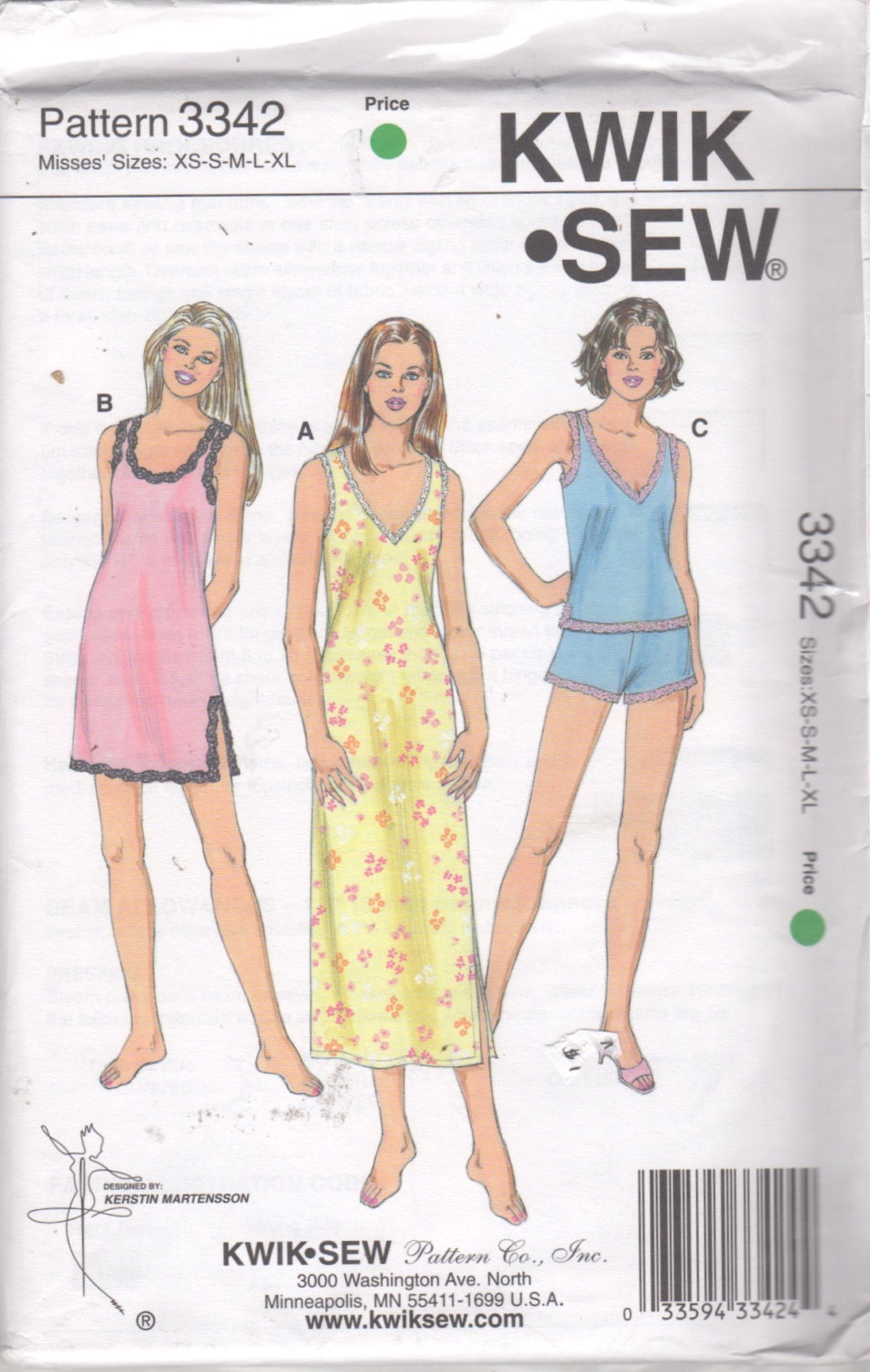 Kwik Sew 3342 Misses Nightgown and Pajamas Pattern V or Kwik Sew 3342 Misses Nightgown and Pajamas Pattern V or