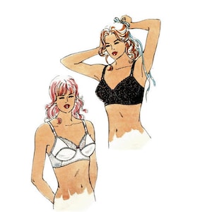 May include: Illustration of two bras. One is white with lace trim and a small red accent. The other is black with a lace pattern. Both bras have adjustable straps and underwire support.