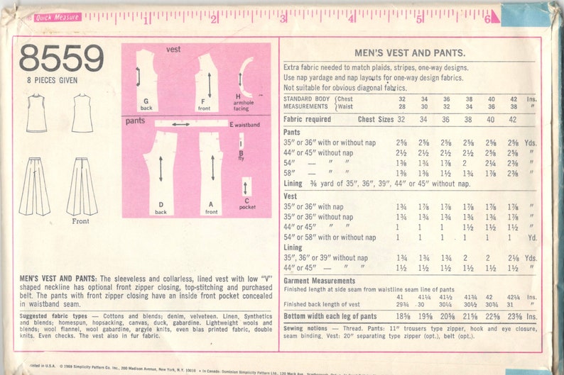 Puede incluir: Un patr&oacute;n de costura para un chaleco y un pantal&oacute;n. El patr&oacute;n incluye instrucciones para hacer un chaleco sin mangas con un escote en V bajo y un pantal&oacute;n con cierre de cremallera frontal. El patr&oacute;n es para tallas de 32 a 42 pulgadas.
