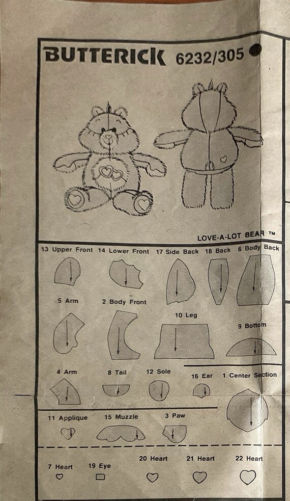 Butterick 6232 305 Love a Lot Bear Care Bear Pattern 1980s Butterick 6232 305 Love a Lot Bear Care Bear Pattern 1980s