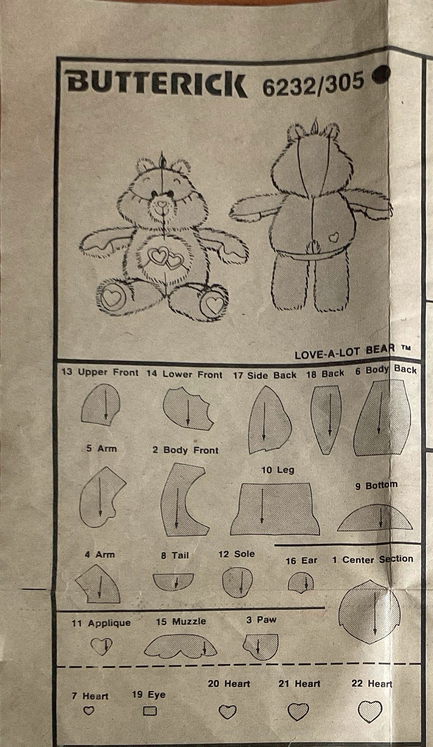 Butterick 6232 305 Love a Lot Bear Care Bear Pattern 1980s