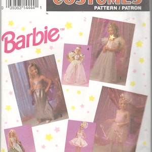 May include: A Simplicity sewing pattern for Barbie costumes. The pattern includes six different costumes: a mermaid, a ballerina, a fairy, a princess, a mermaid, and a fairy. The pattern is for sizes 3-8.